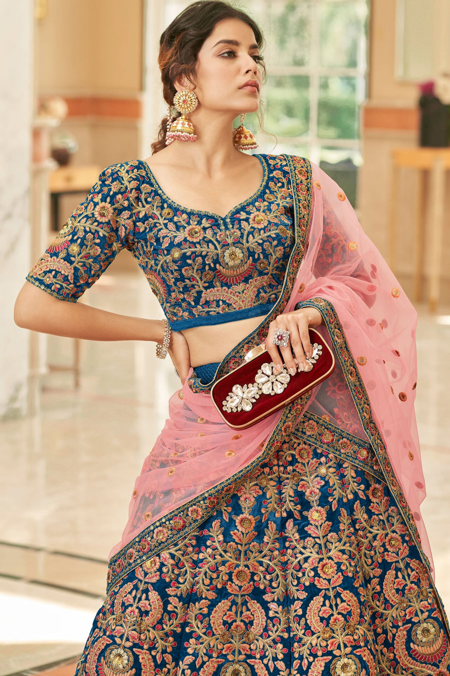 Blue Velvet Lehenga Choli with Dori and Zari Work