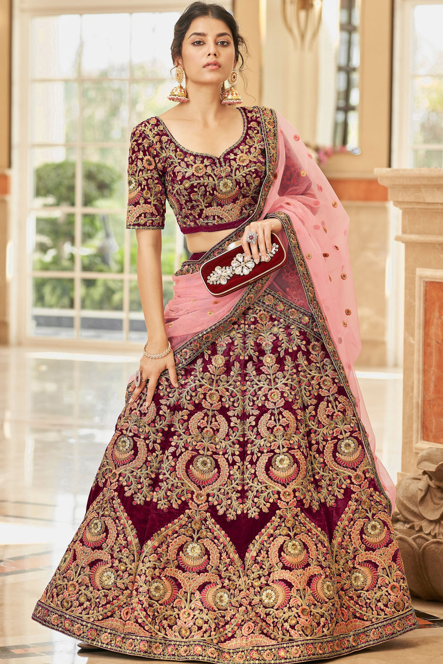 Maroon Velvet Lehenga with Dori and Zari Embroidery