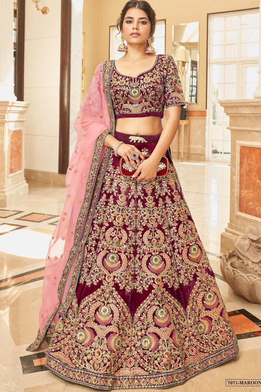 Maroon Velvet Lehenga with Dori and Zari Embroidery
