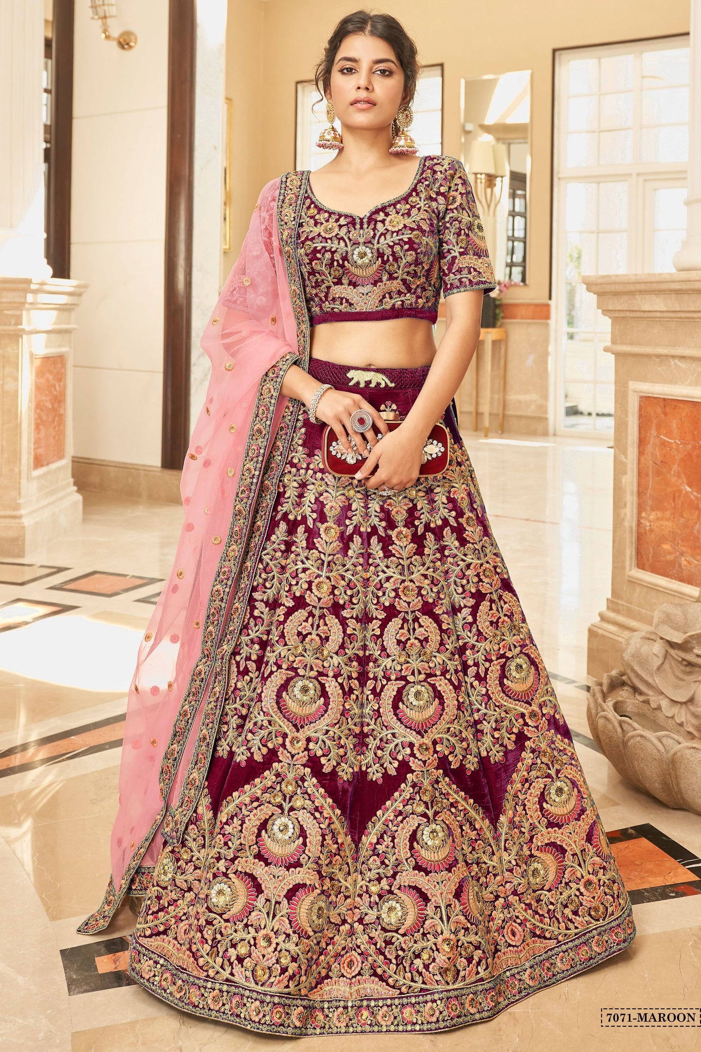 Maroon Velvet Lehenga with Pink Dupatta in Dori and Zari Embroidery