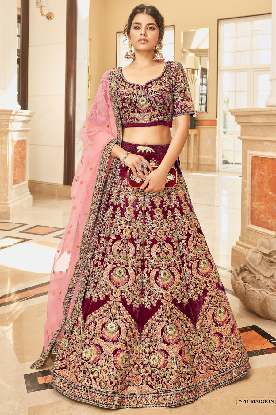 Maroon Velvet Lehenga with Pink Dupatta in Dori and Zari Embroidery