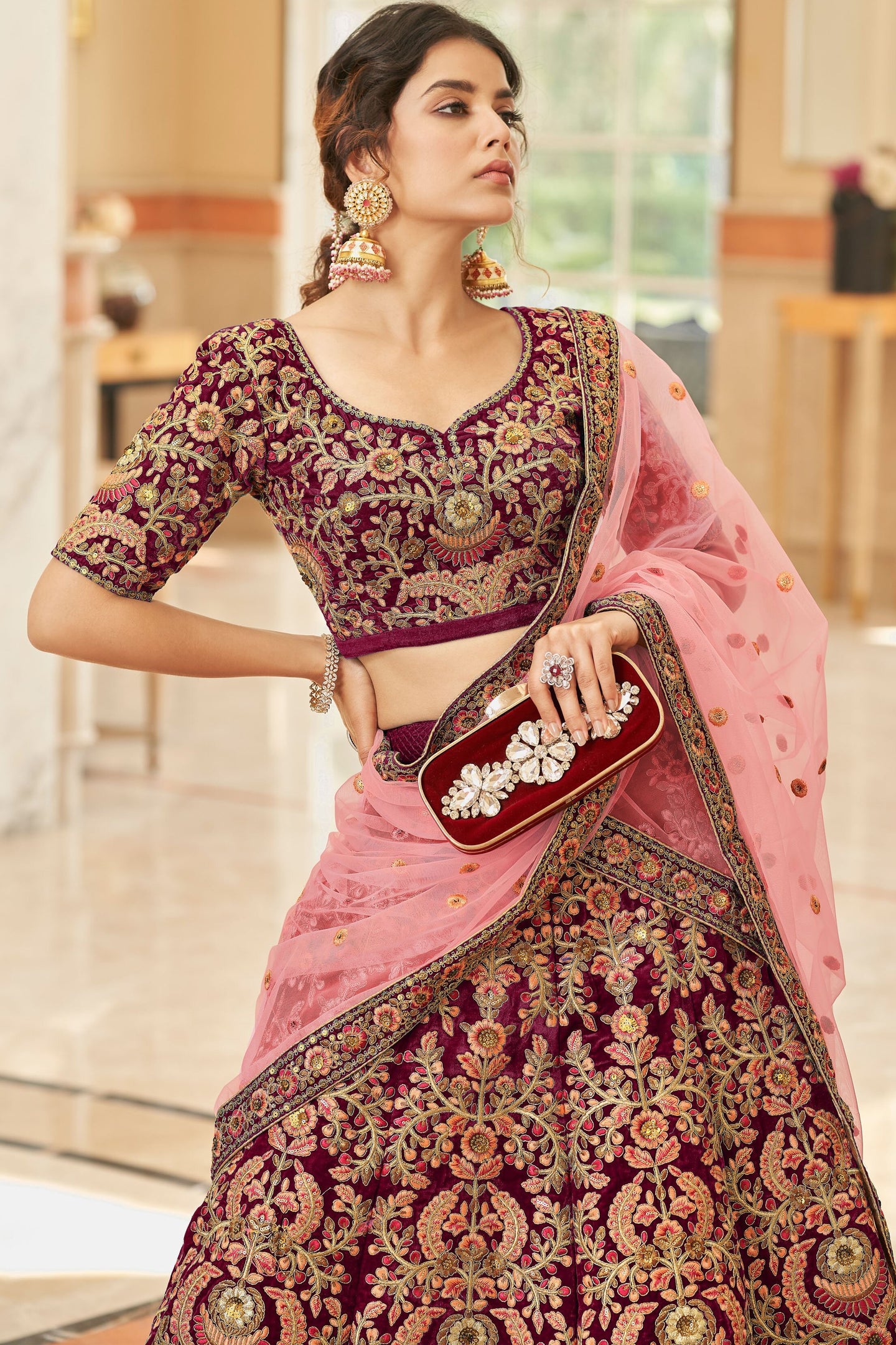Maroon Velvet Lehenga with Dori and Zari Embroidery