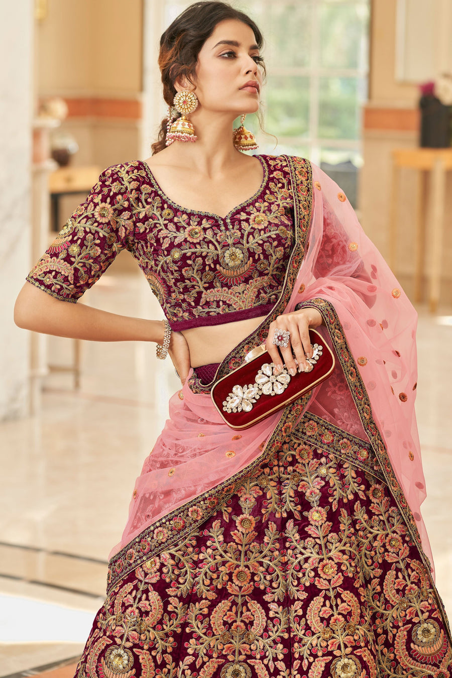 Maroon Velvet Lehenga with Dori and Zari Embroidery