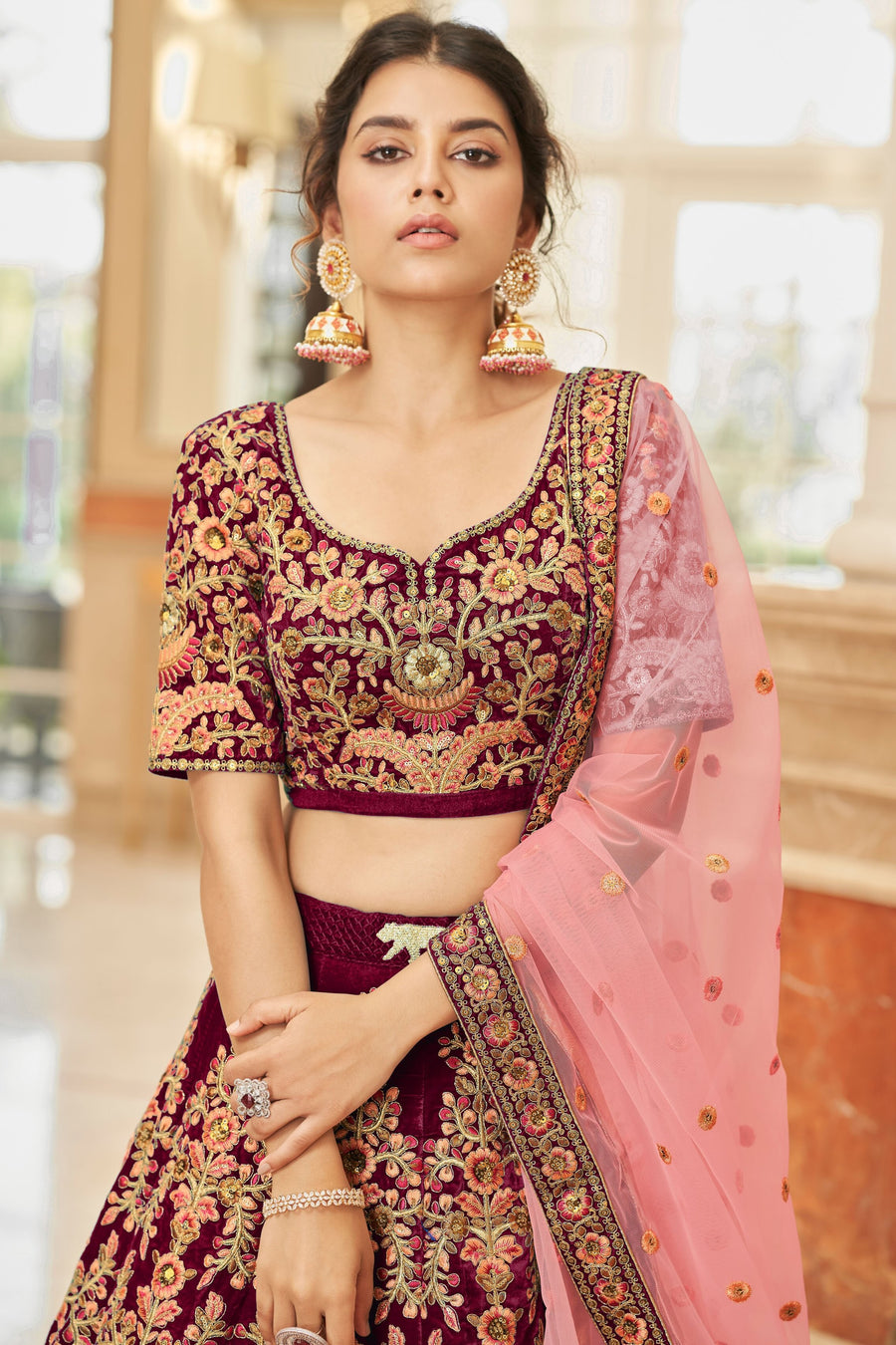 Maroon Velvet Lehenga with Dori and Zari Embroidery