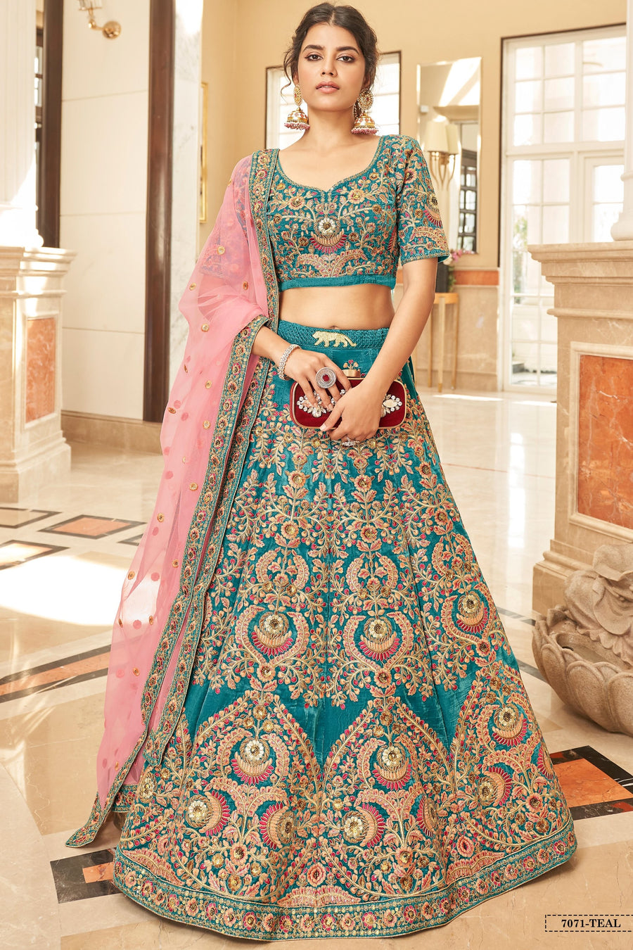 Teal Velvet Lehenga Choli with Dori Zari and Sequins Work