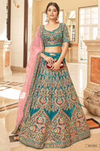 Teal Velvet Lehenga Choli with Pink Dupatta in Dori Zari & Sequins Work