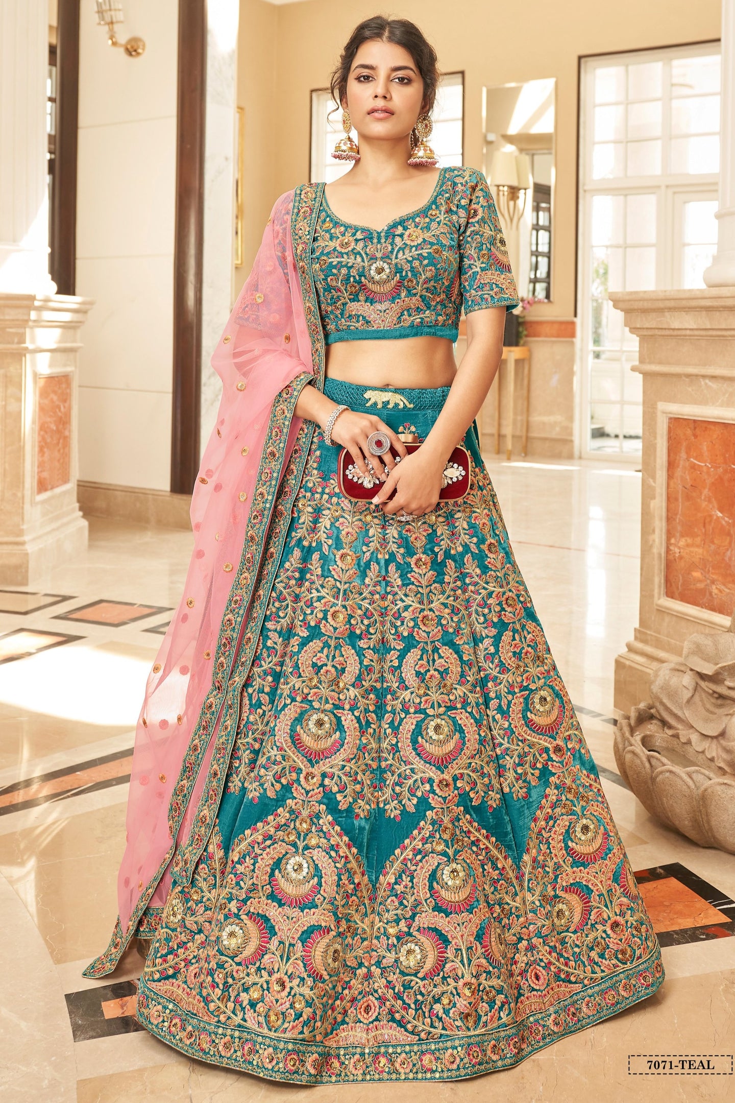 Teal Velvet Lehenga Choli with Pink Dupatta in Dori Zari & Sequins Work