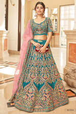 Teal Velvet Lehenga Choli with Pink Dupatta in Dori Zari & Sequins Work