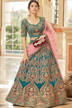Teal Velvet Lehenga Choli with Dori Zari and Sequins Work