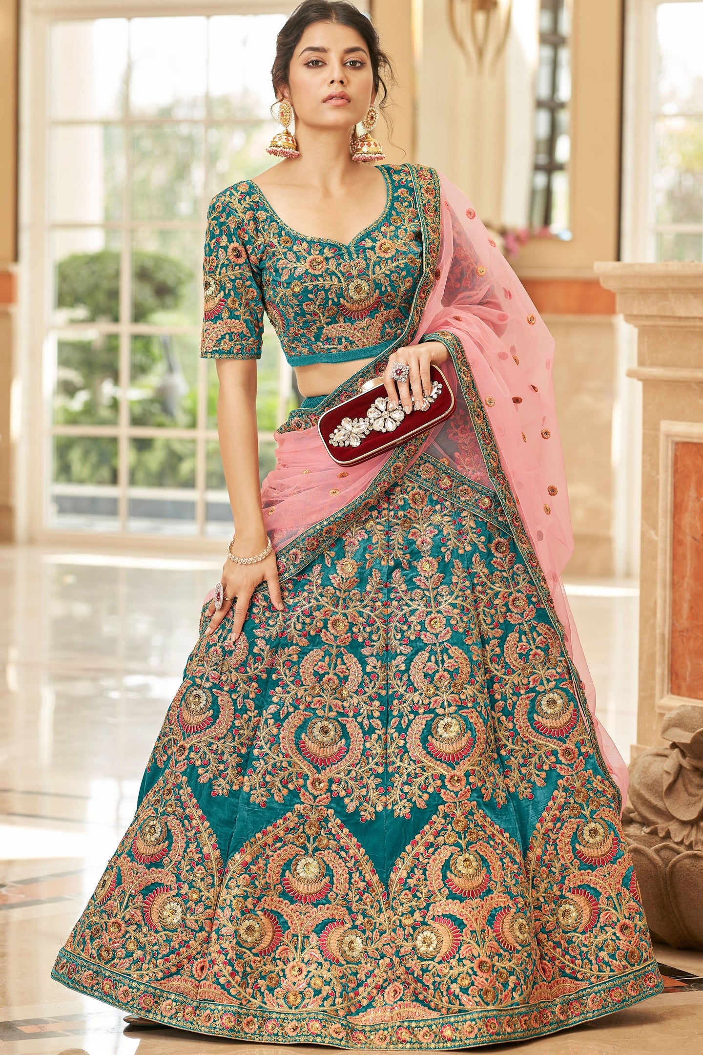 Teal Velvet Lehenga Choli with Dori Zari and Sequins Work