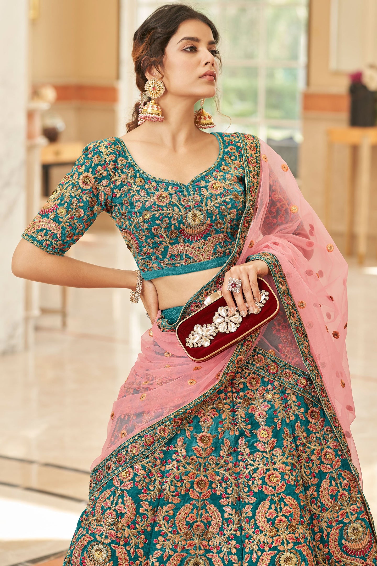 Teal Velvet Lehenga Choli with Dori Zari and Sequins Work