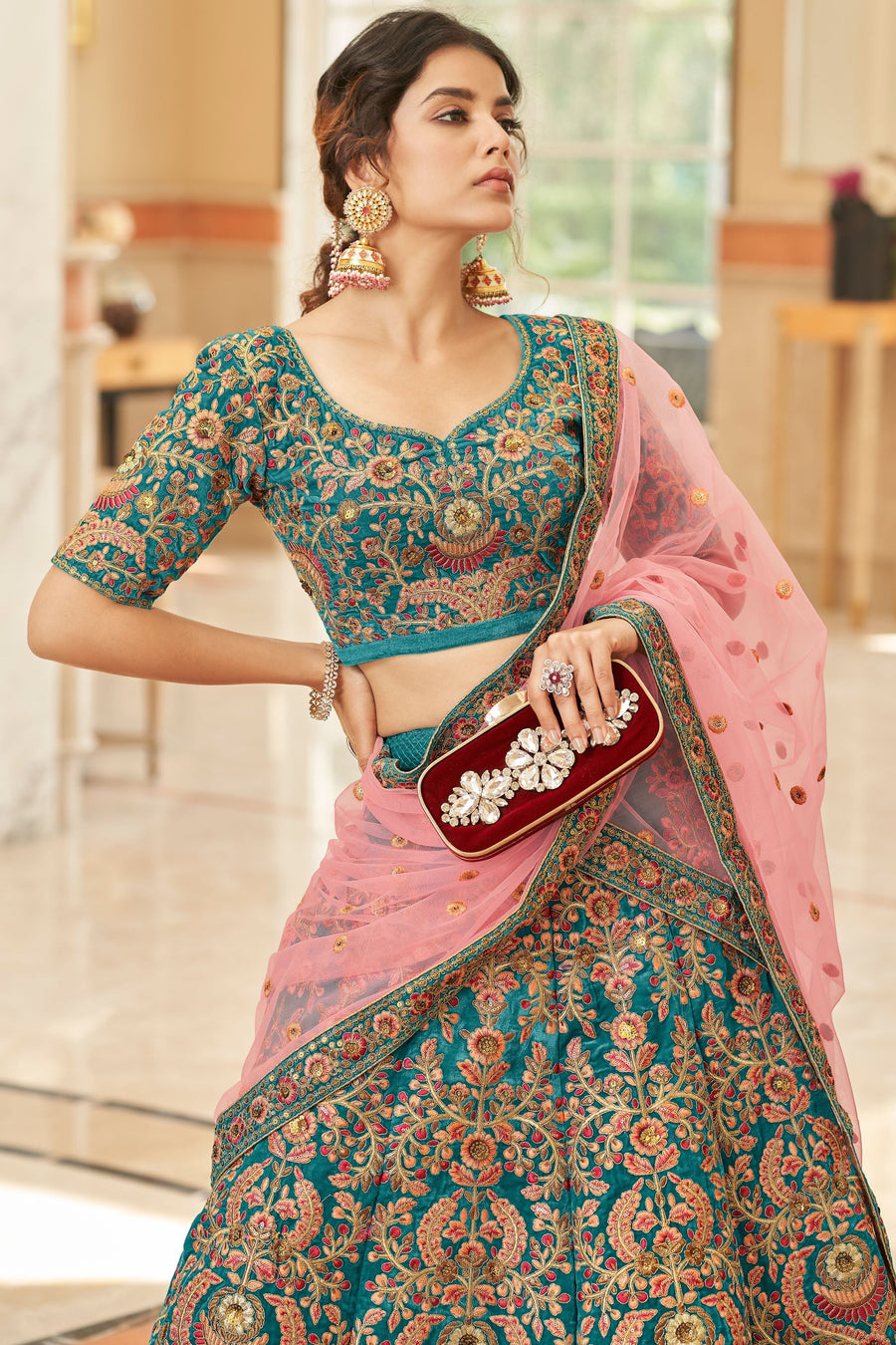 Teal Velvet Lehenga Choli with Dori Zari and Sequins Work