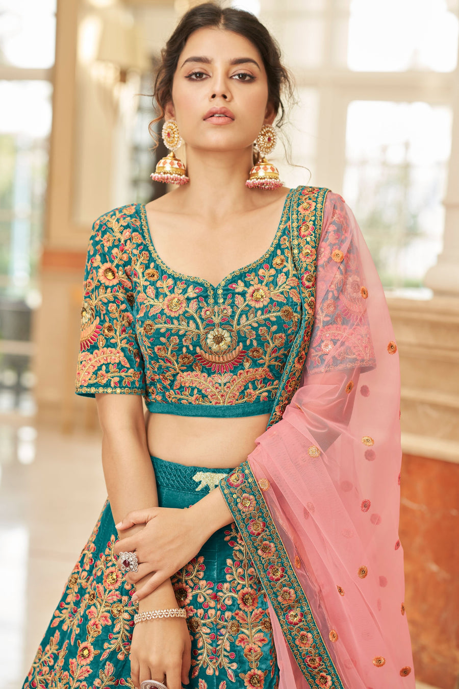 Teal Velvet Lehenga Choli with Dori Zari and Sequins Work