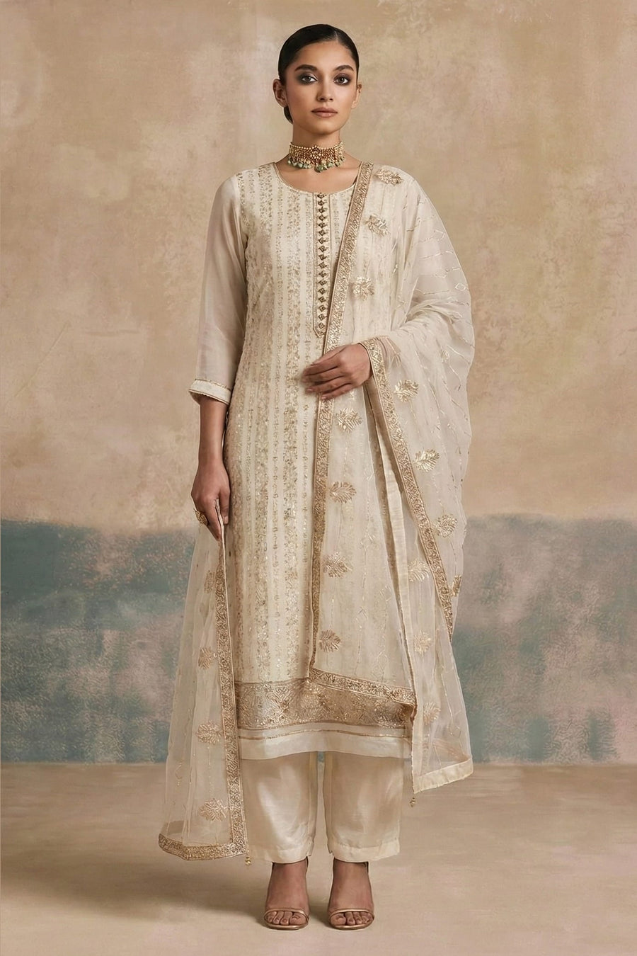 Cream Georgette Kameez With Pant For Indian & Pakistani Wedding Festival - Thread & Sequins Embroidery Work, Khatli Work
