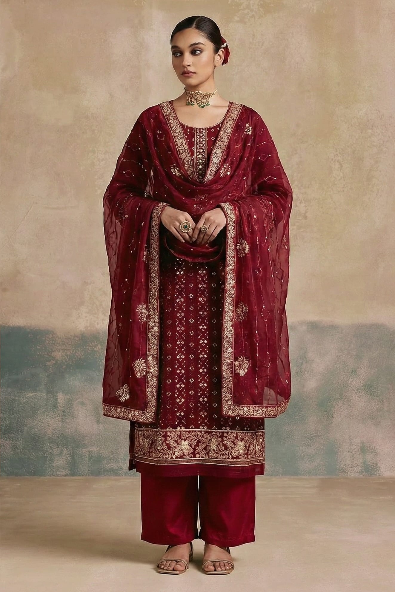 Maroon Georgette Kameez With Pant For Indian & Pakistani Wedding Festival - Thread & Sequins Embroidery Work, Khatli Work