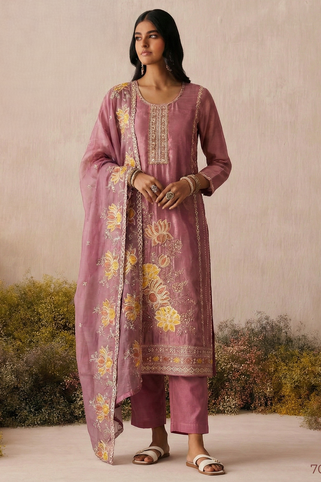 Woman wearing a pink embroidered traditional outfit with a matching dupatta against a natural background.