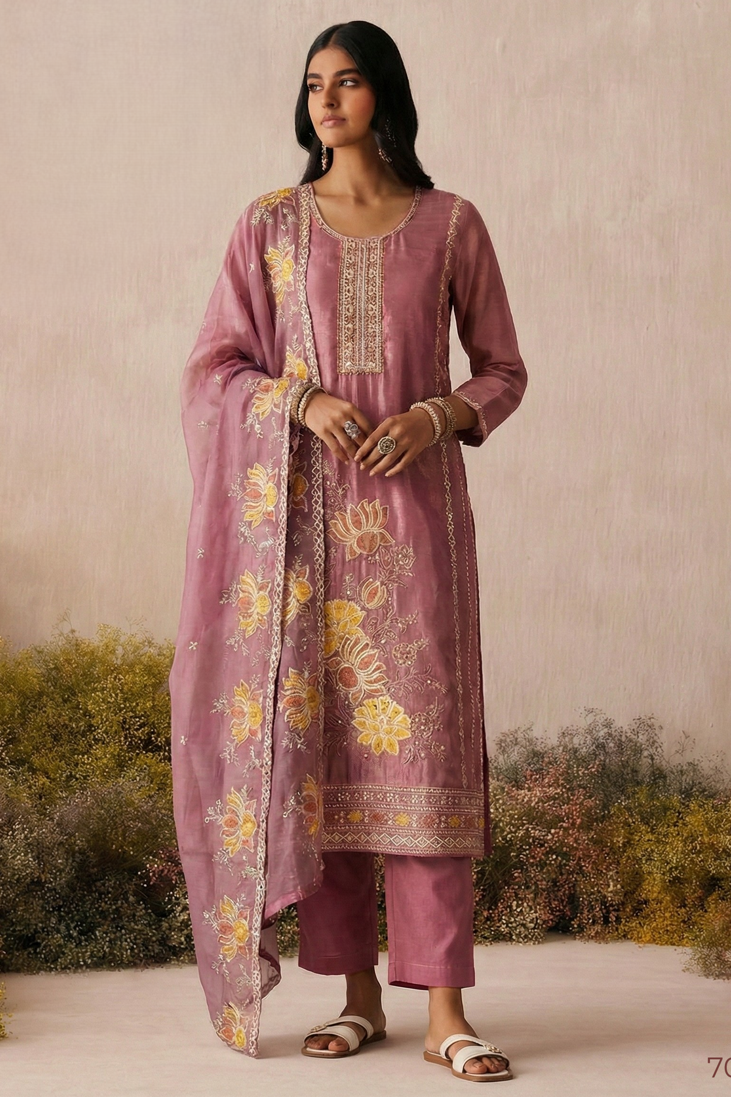 Woman wearing a pink embroidered traditional outfit with a matching dupatta against a natural background.