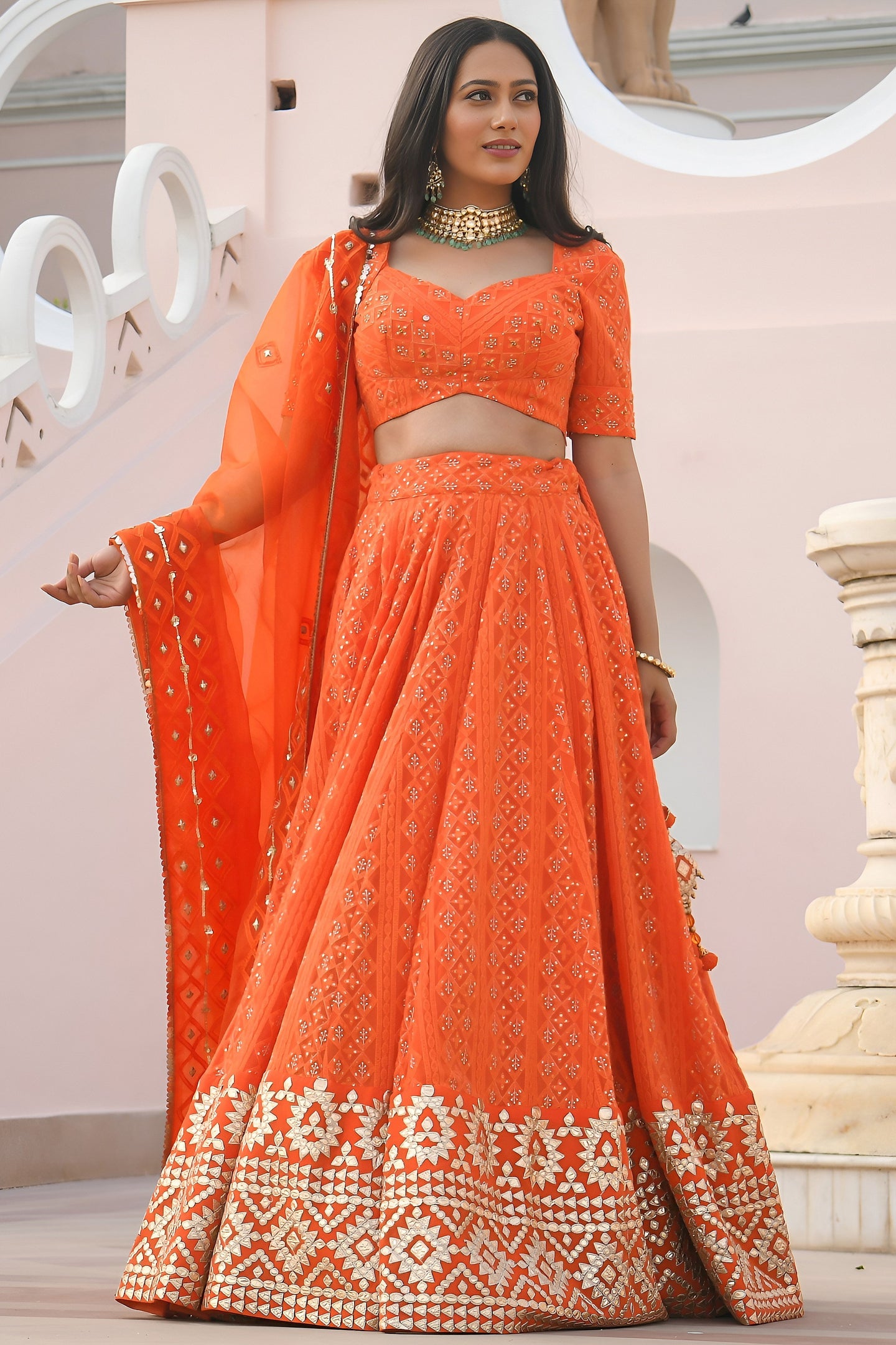 Orange Georgette Sangeet Lehenga Choli with Gota Patti and Sequins