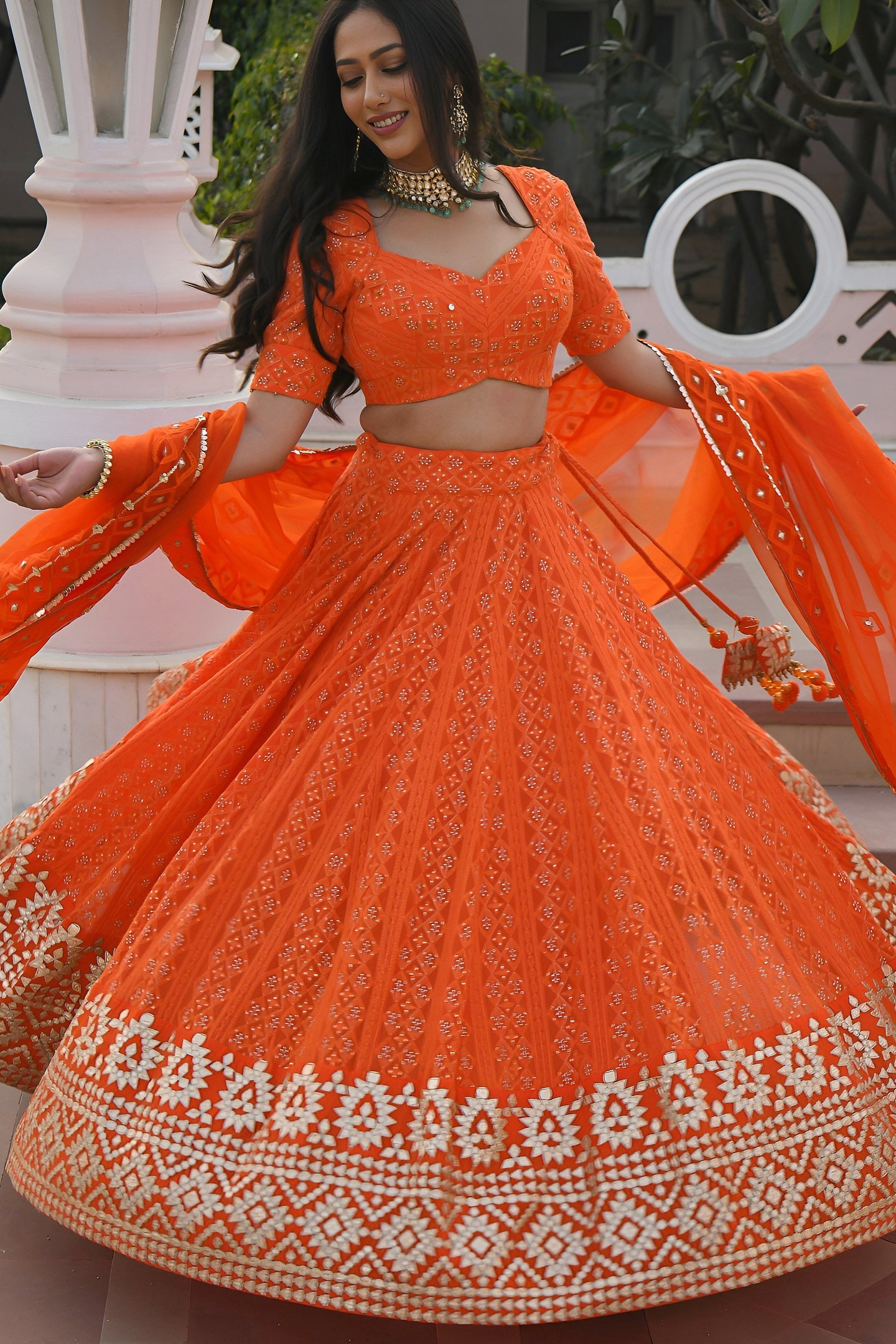 Orange Georgette Sangeet Lehenga Choli with Gota Patti and Sequins
