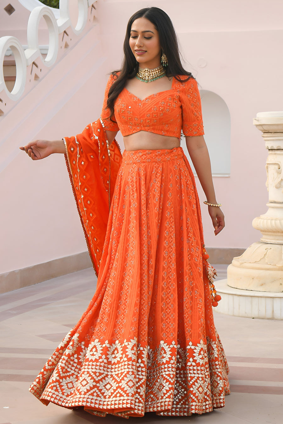 Orange Georgette Sangeet Lehenga Choli with Gota Patti and Sequins