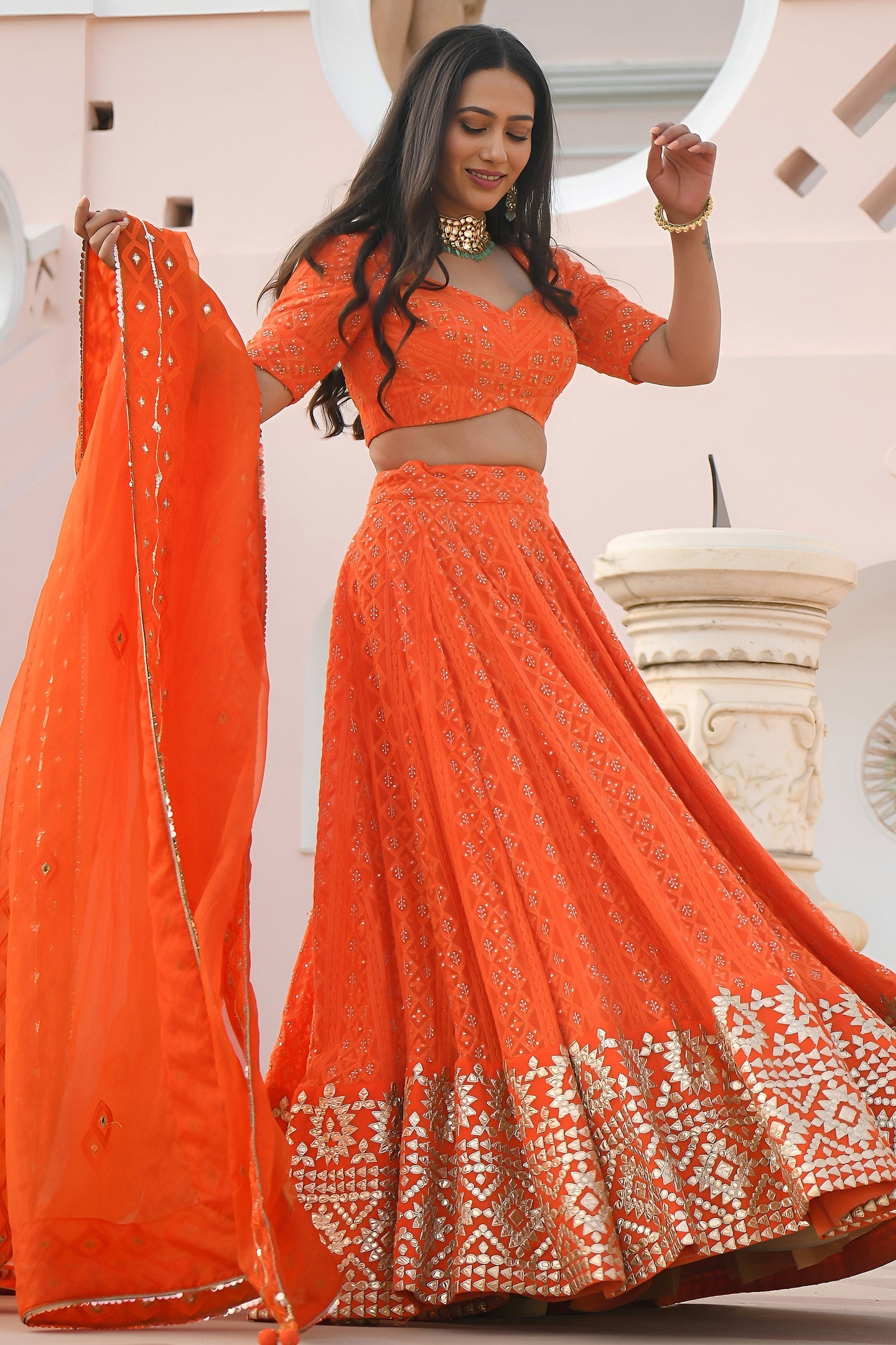 Orange Georgette Sangeet Lehenga Choli with Gota Patti and Sequins