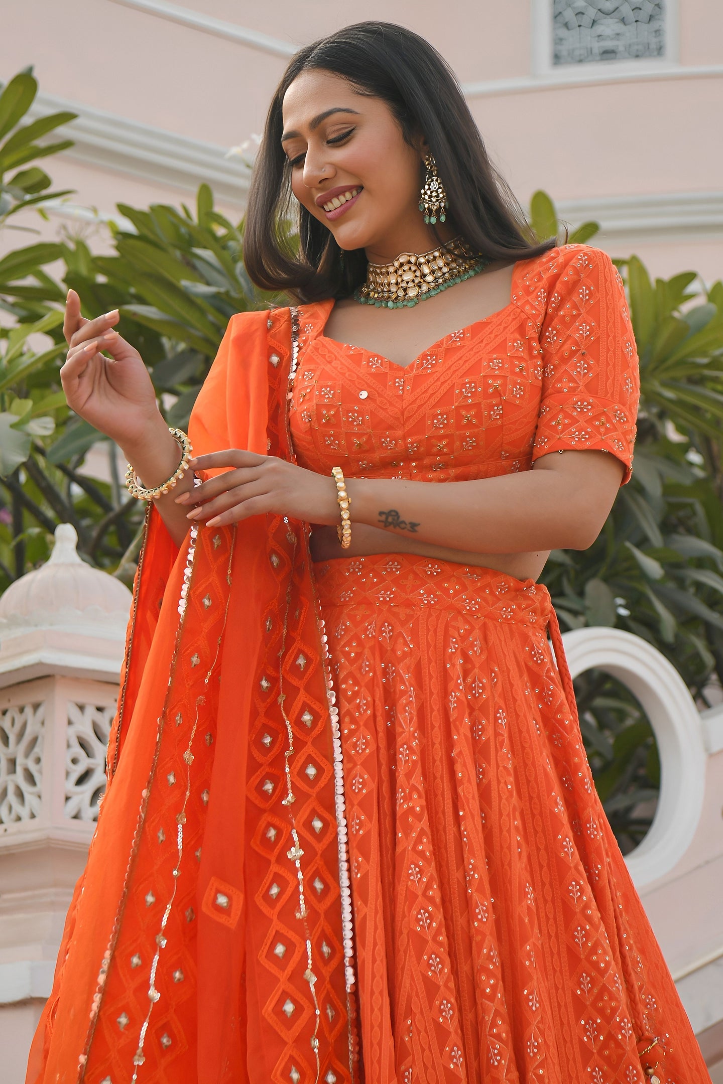 Orange Georgette Sangeet Lehenga Choli with Gota Patti and Sequins