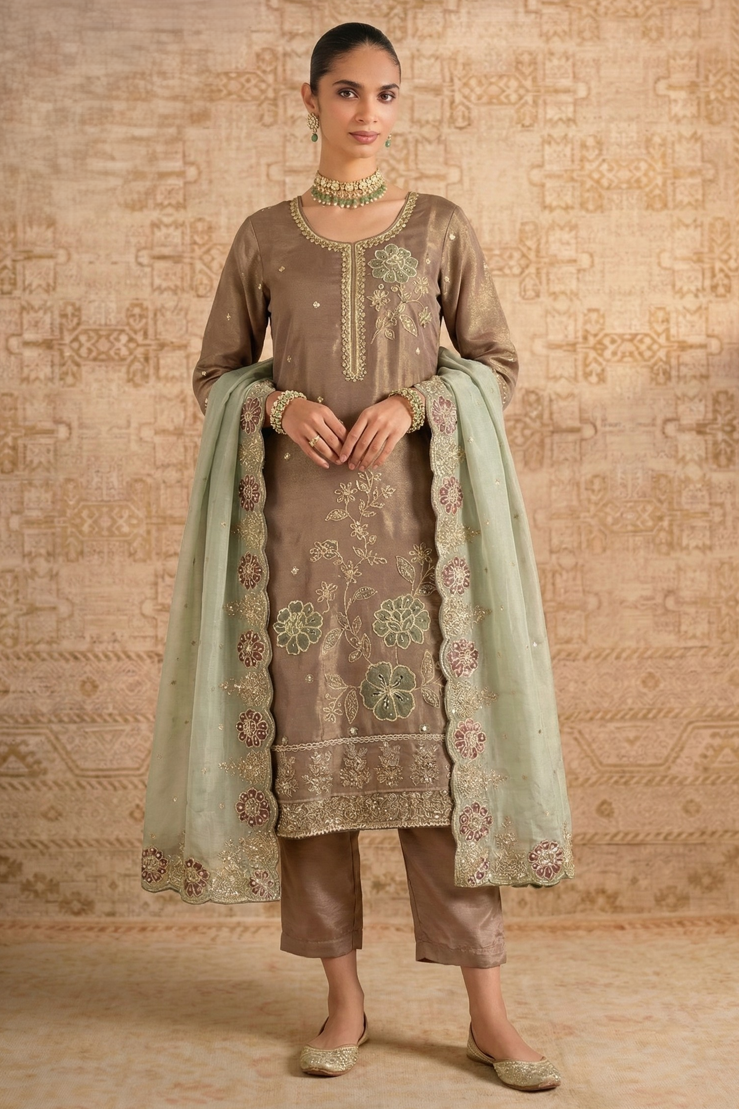 Coffee Shimmer Silk Female Shalwar Kameez with Pant