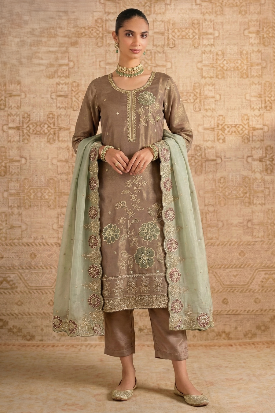 Coffee Shimmer Silk Female Shalwar Kameez with Pant