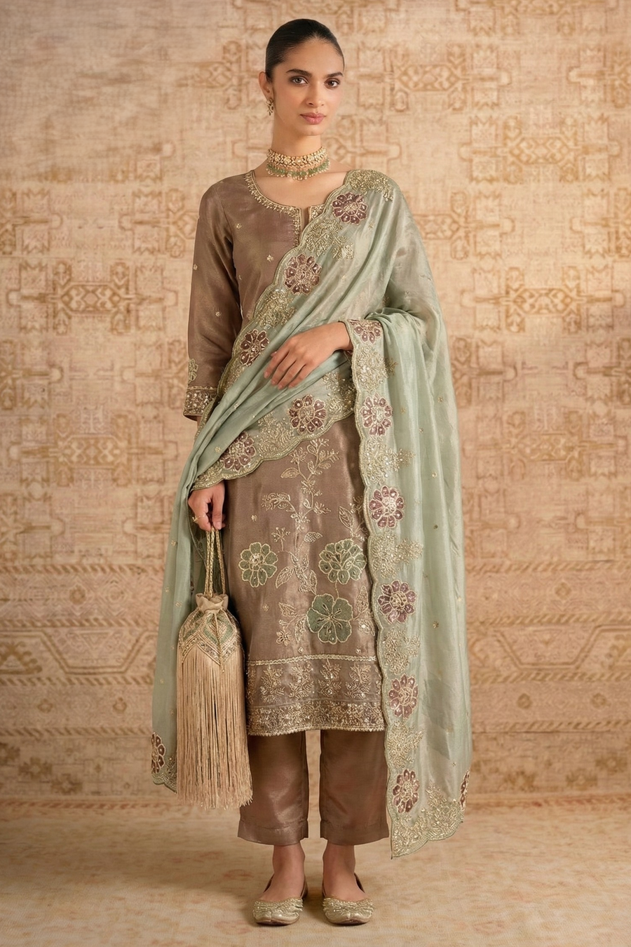 Coffee Shimmer Silk Female Shalwar Kameez with Pant