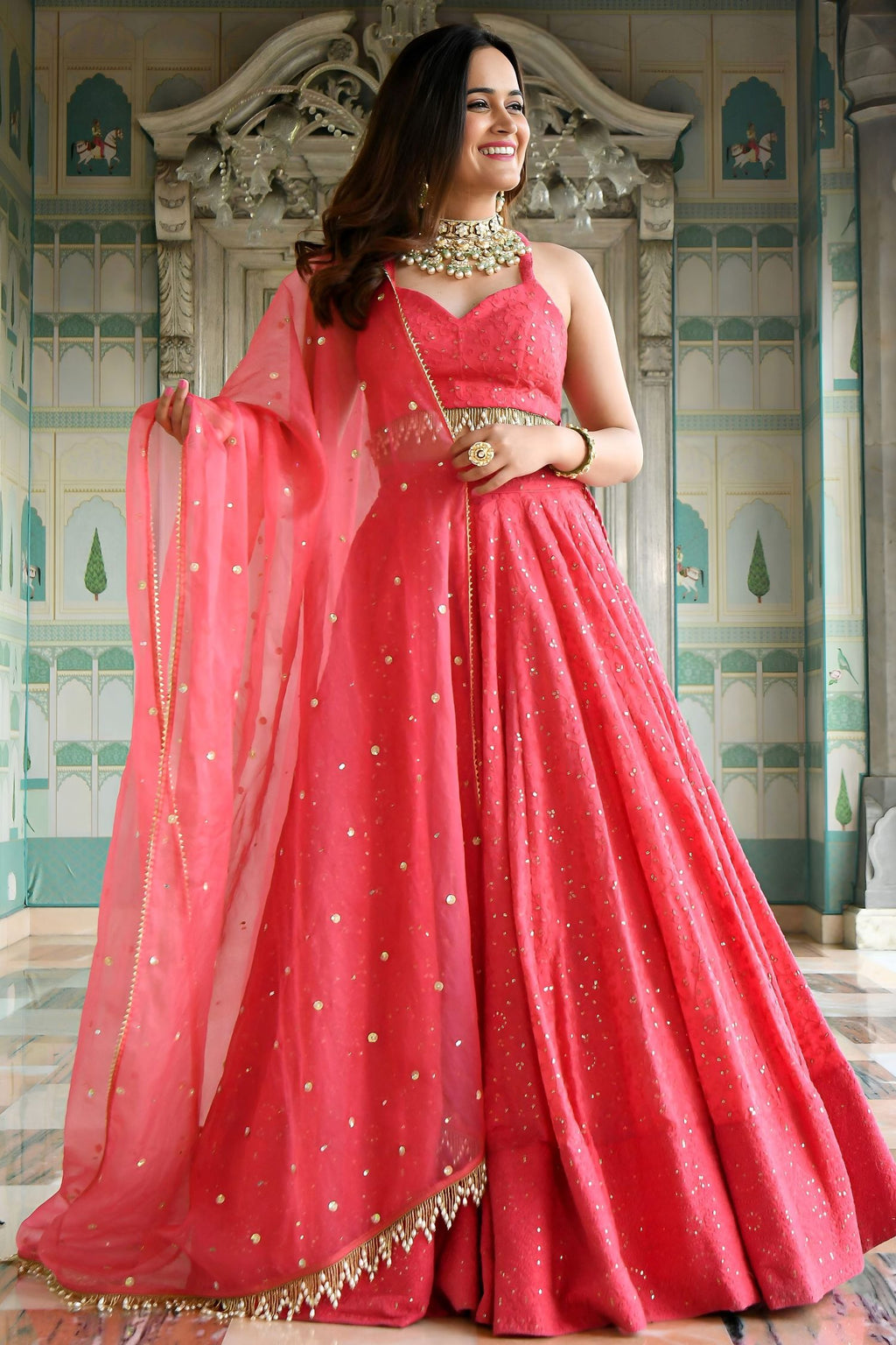 Pink Georgette Sangeet Lehenga Choli with Sequins and Thread Embroidery Work