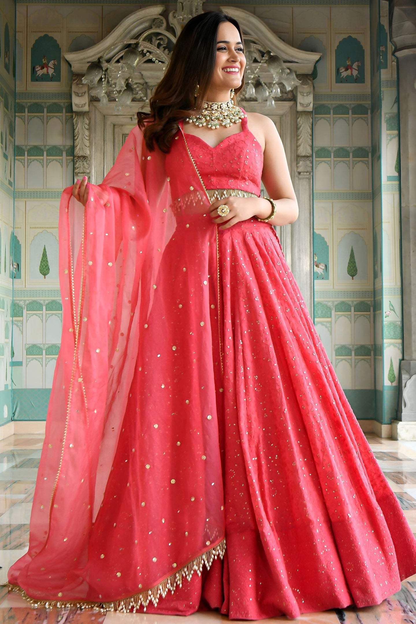 Pink Georgette Sangeet Lehenga Choli with Sequins and Thread Embroidery Work