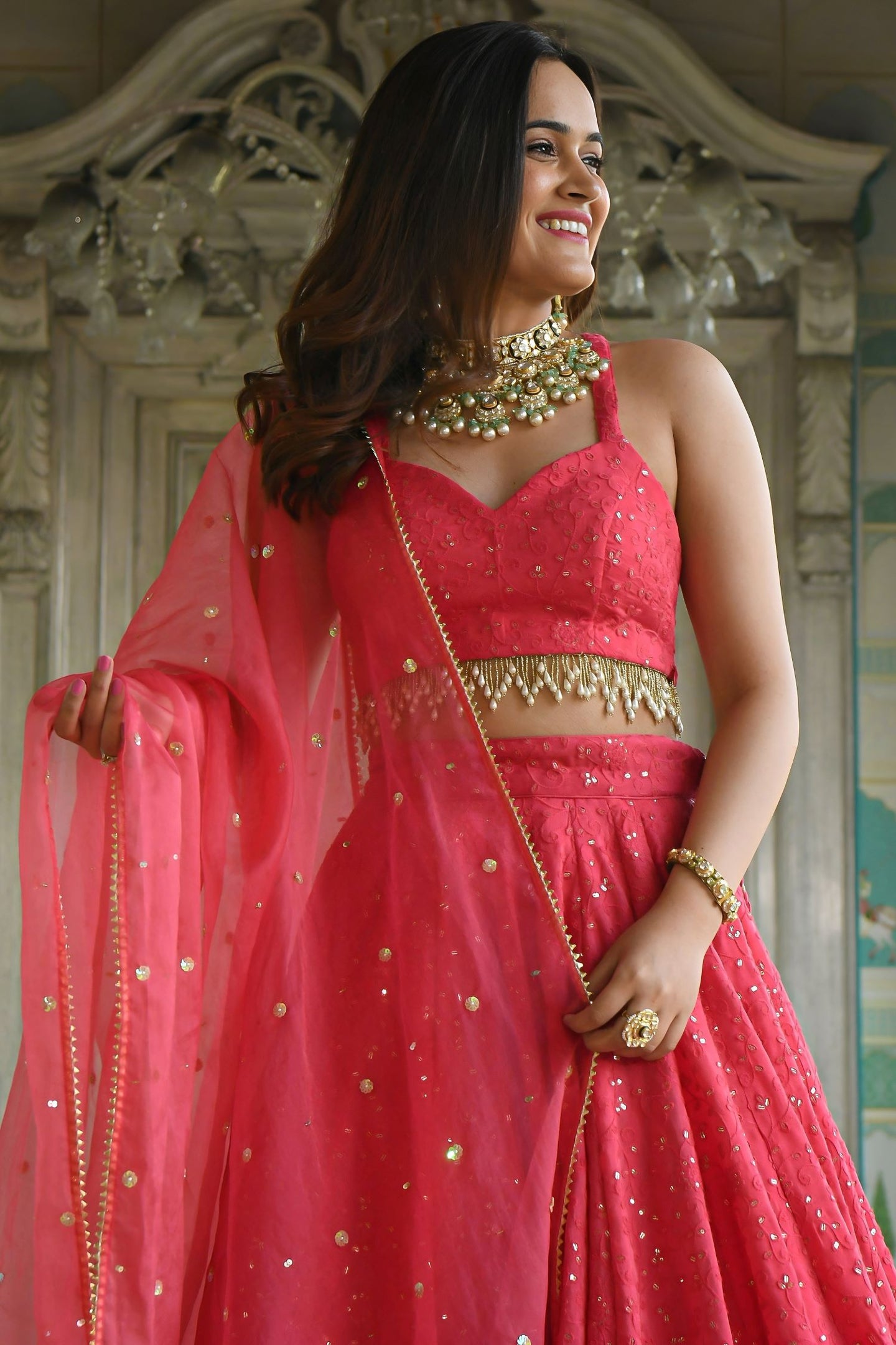Pink Georgette Sangeet Lehenga Choli with Sequins and Thread Embroidery Work