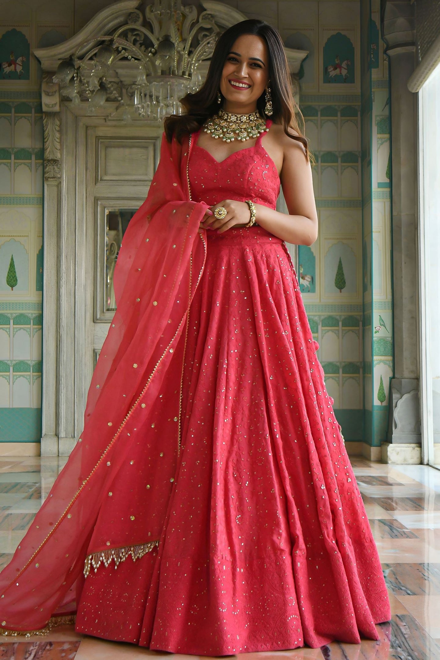 Pink Georgette Sangeet Lehenga Choli with Sequins and Thread Embroidery Work