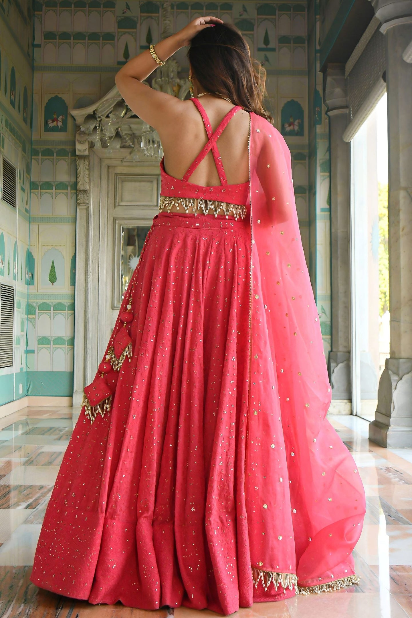 Pink Georgette Sangeet Lehenga Choli with Sequins and Thread Embroidery Work