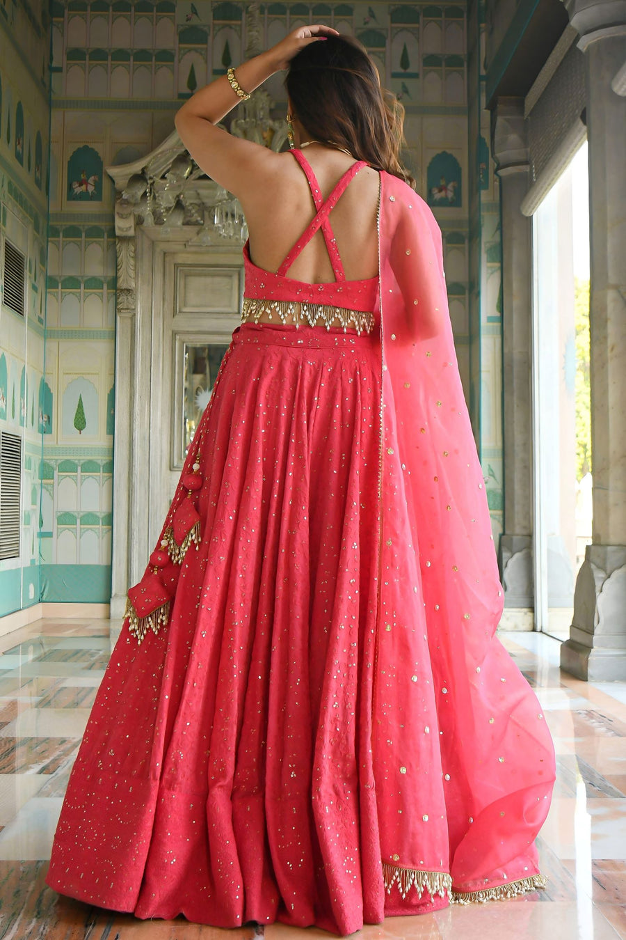 Pink Georgette Sangeet Lehenga Choli with Sequins and Thread Embroidery Work