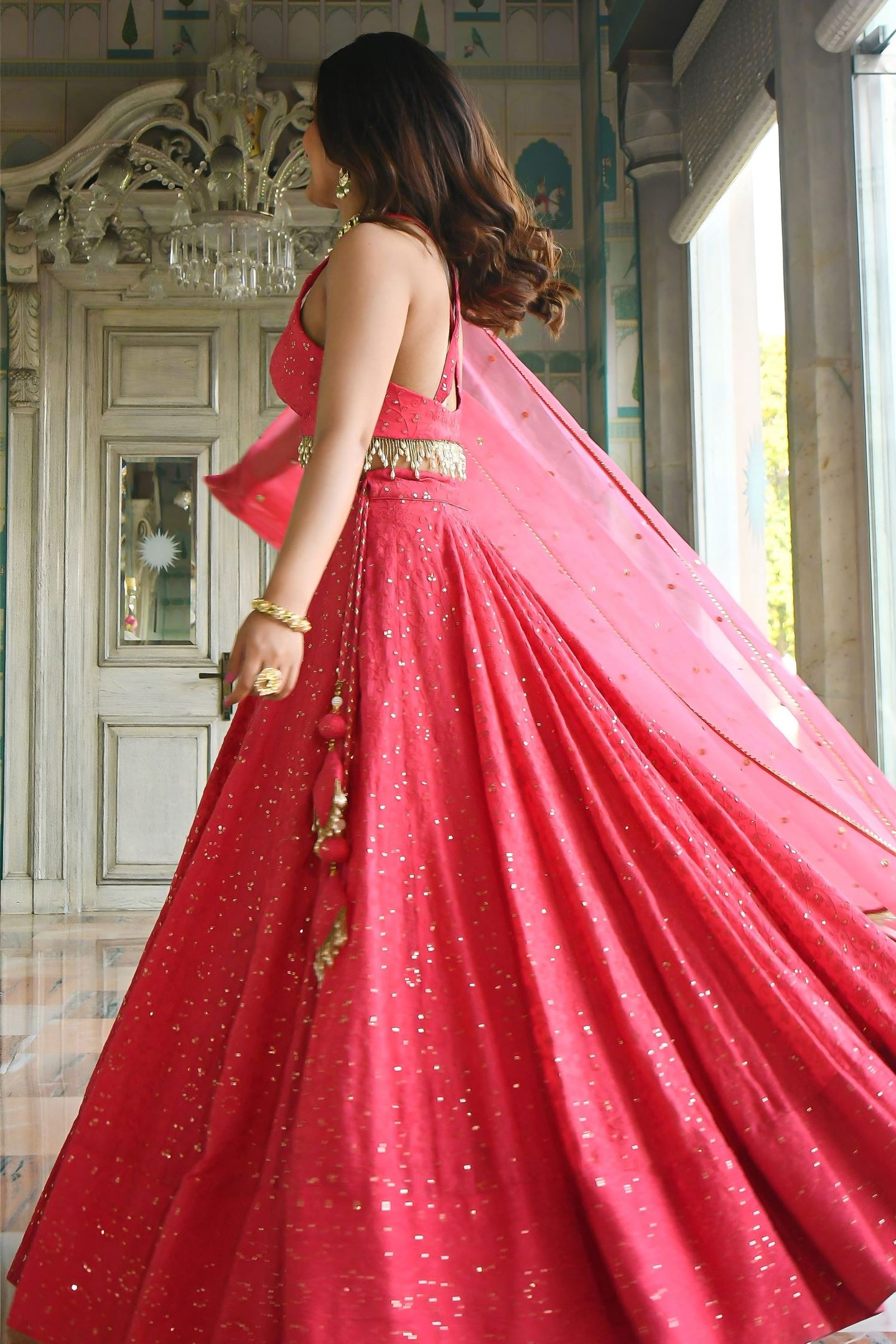 Pink Georgette Sangeet Lehenga Choli with Sequins and Thread Embroidery Work