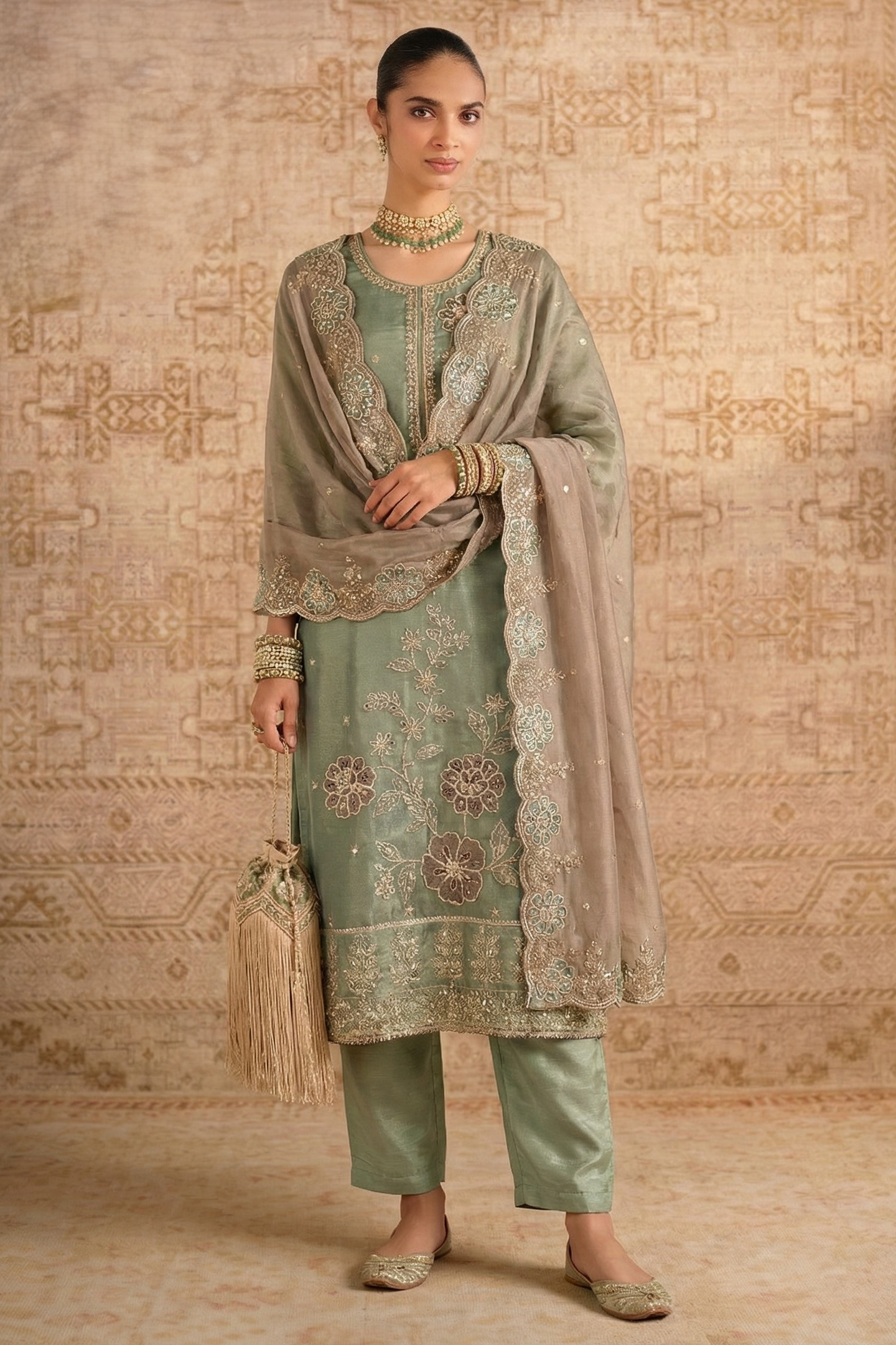 Green Shimmer Silk Female Shalwar Kameez with Pant