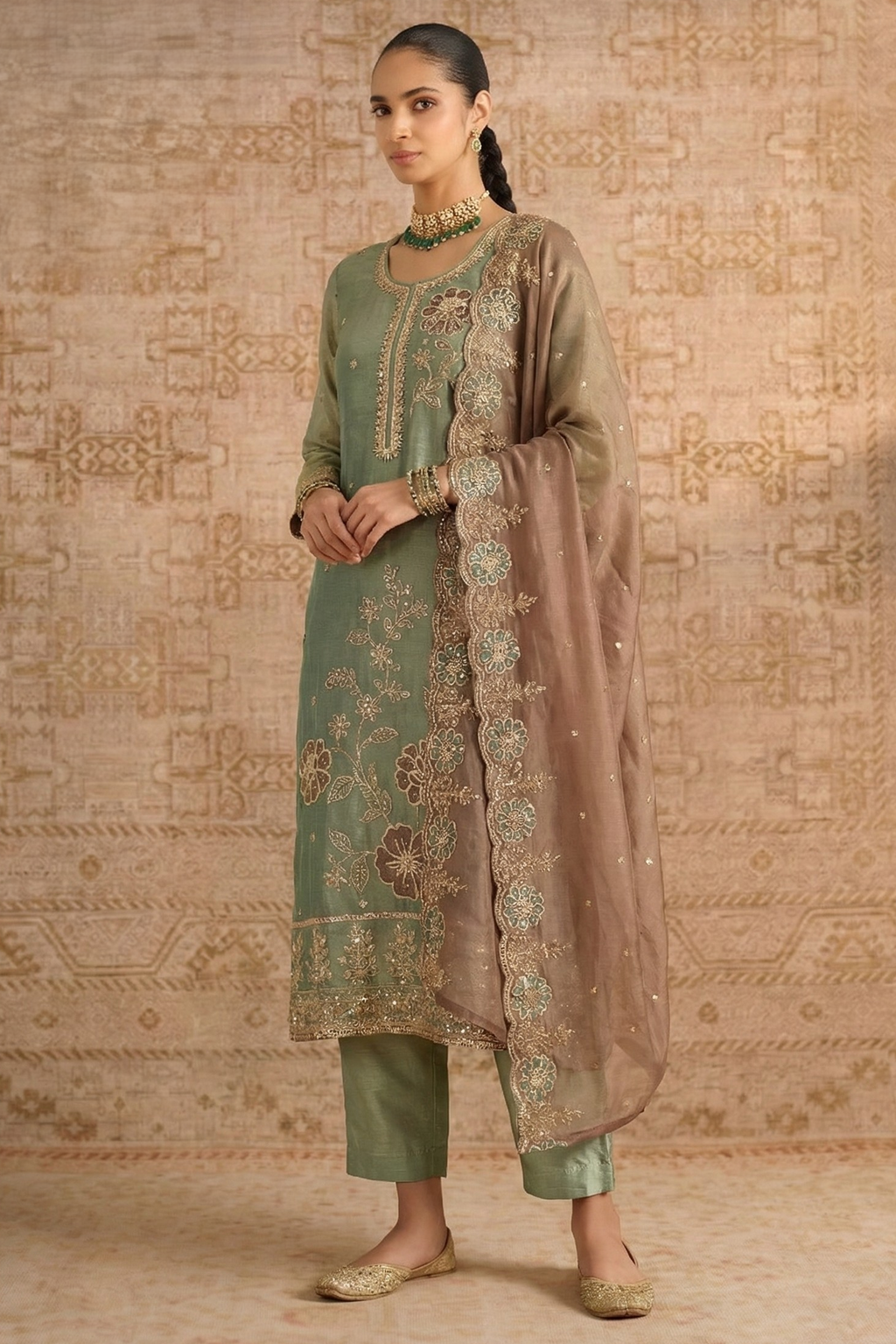 Green Shimmer Silk Female Shalwar Kameez with Pant