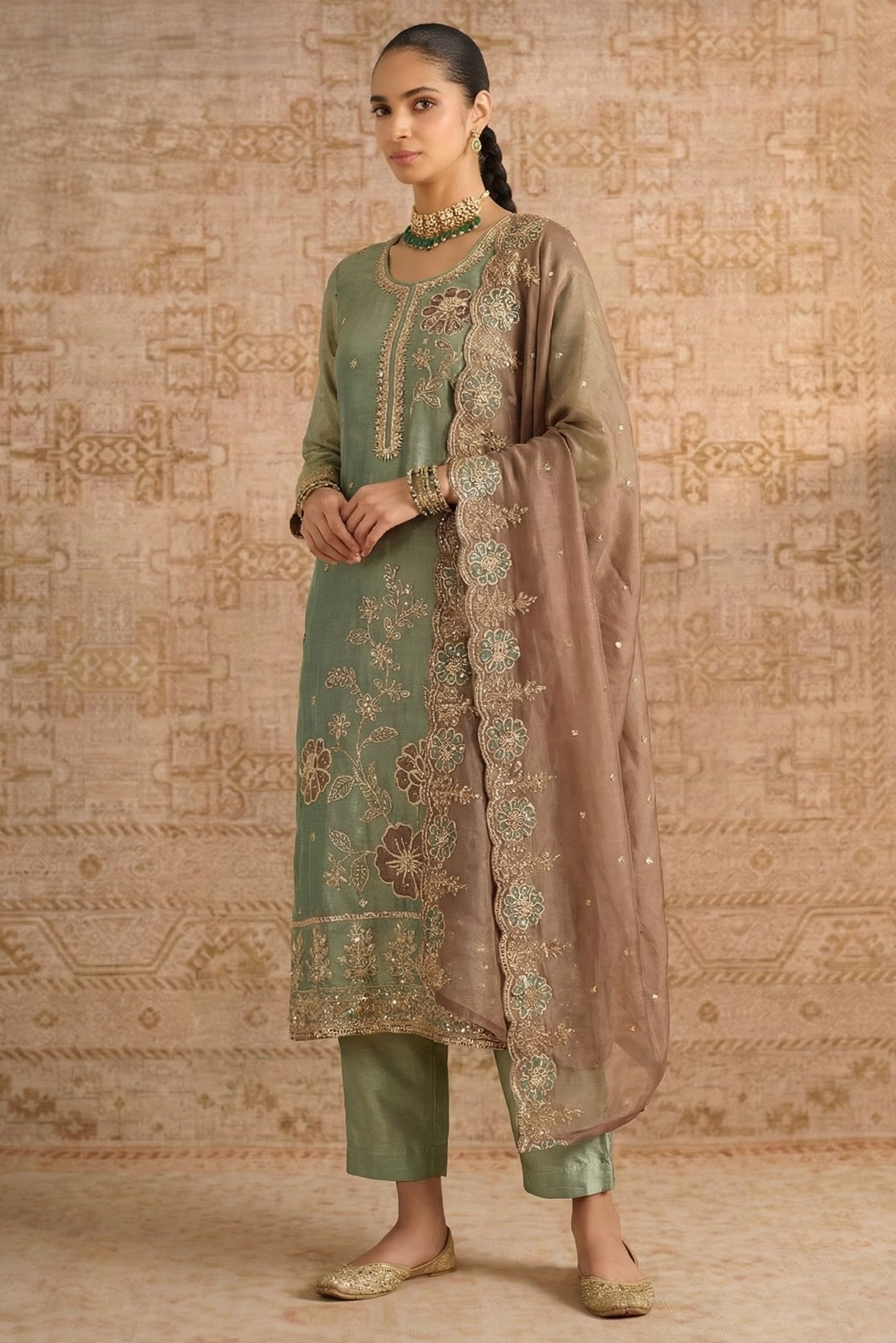 Green Shimmer Silk Female Shalwar Kameez with Pant