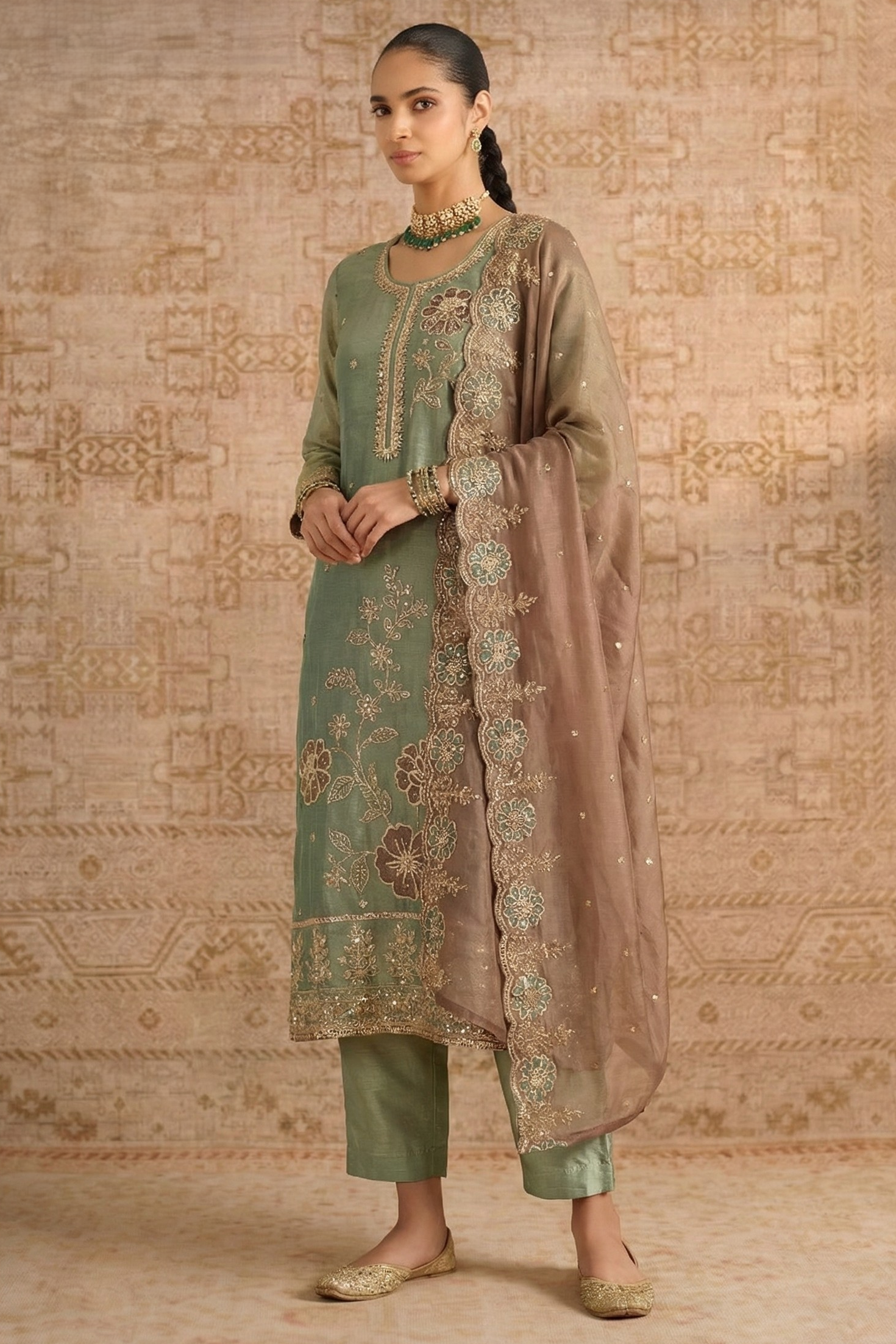 Green Shimmer Silk Female Shalwar Kameez with Pant