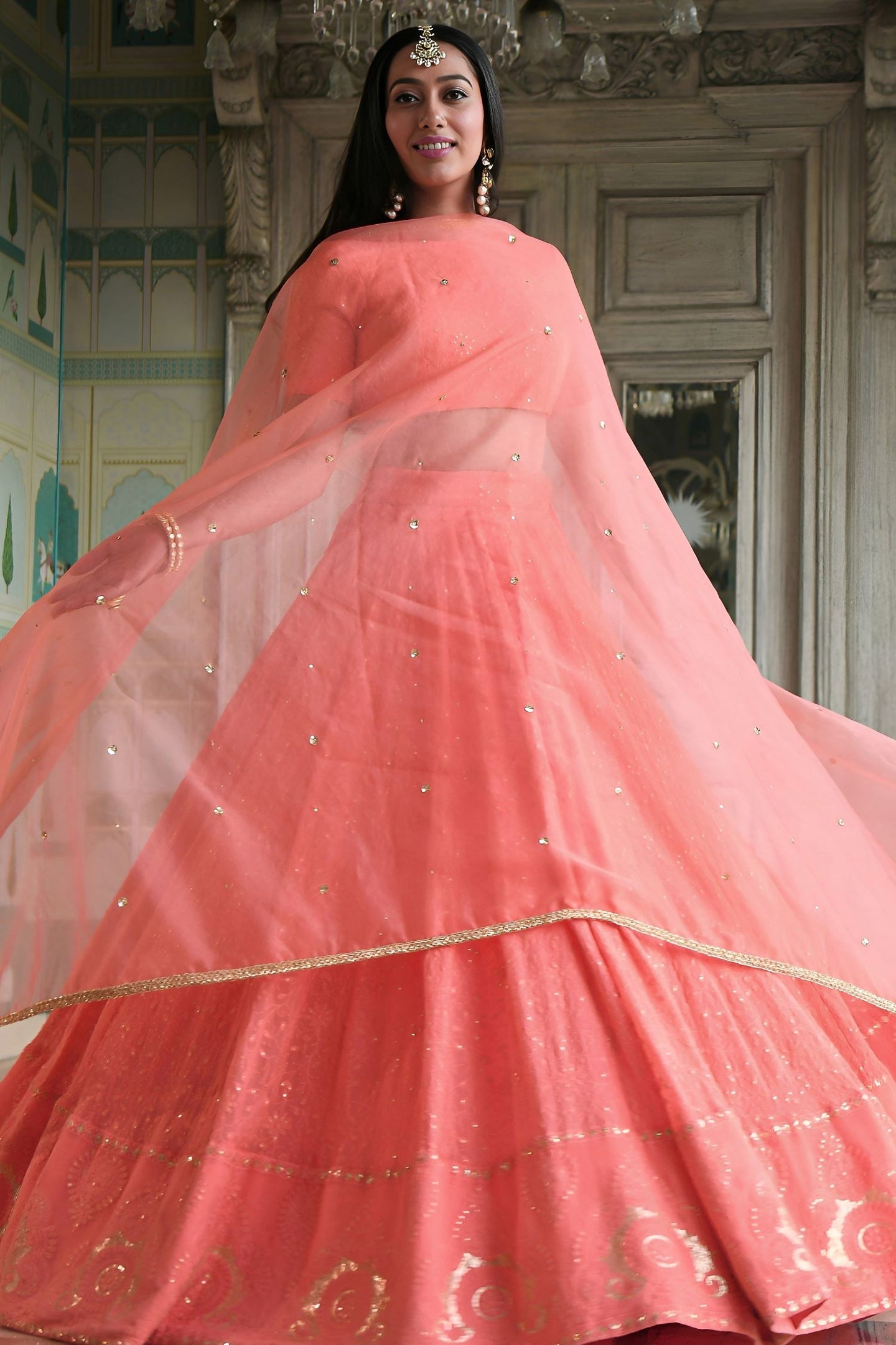 Peach Georgette High Neck Lehenga Choli with Gota Patti and Sequins Work