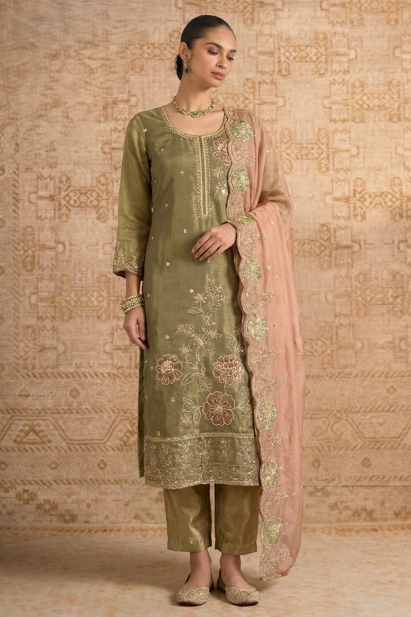 Olive Shimmer Silk Female Shalwar Kameez with Pant
