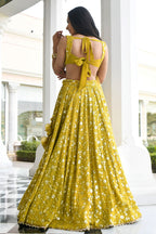 Olive Georgette Lehenga Choli for Mehendi with Sequins and Thread Embroidery
