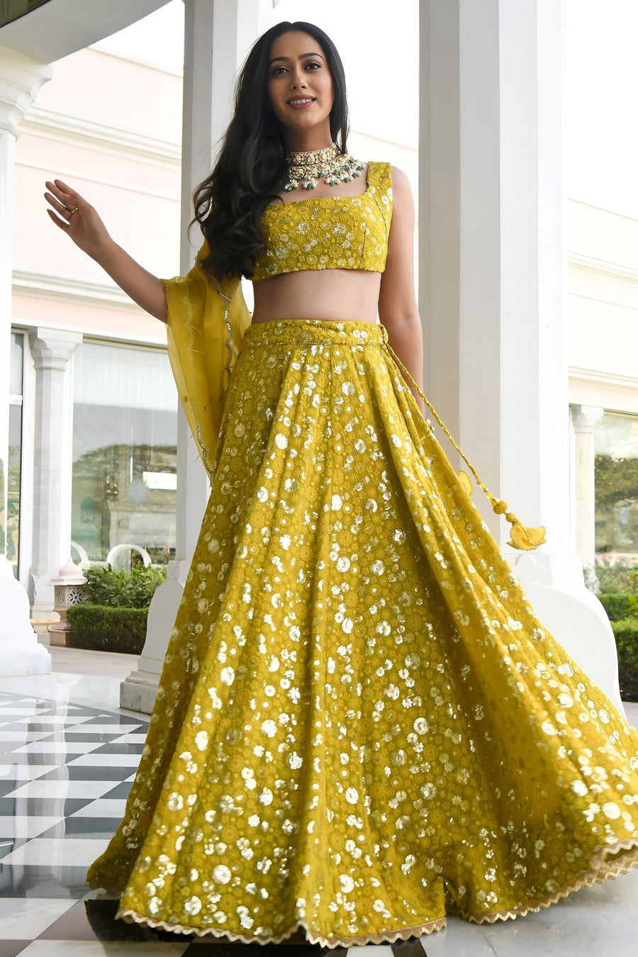 Olive Georgette Lehenga Choli for Mehendi with Sequins and Thread Embroidery