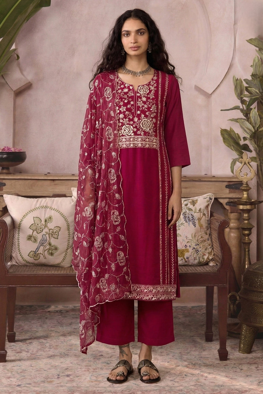 Sangeet Dress for Women - Hot Pink Organza Kameez Pant with Embroidery Work