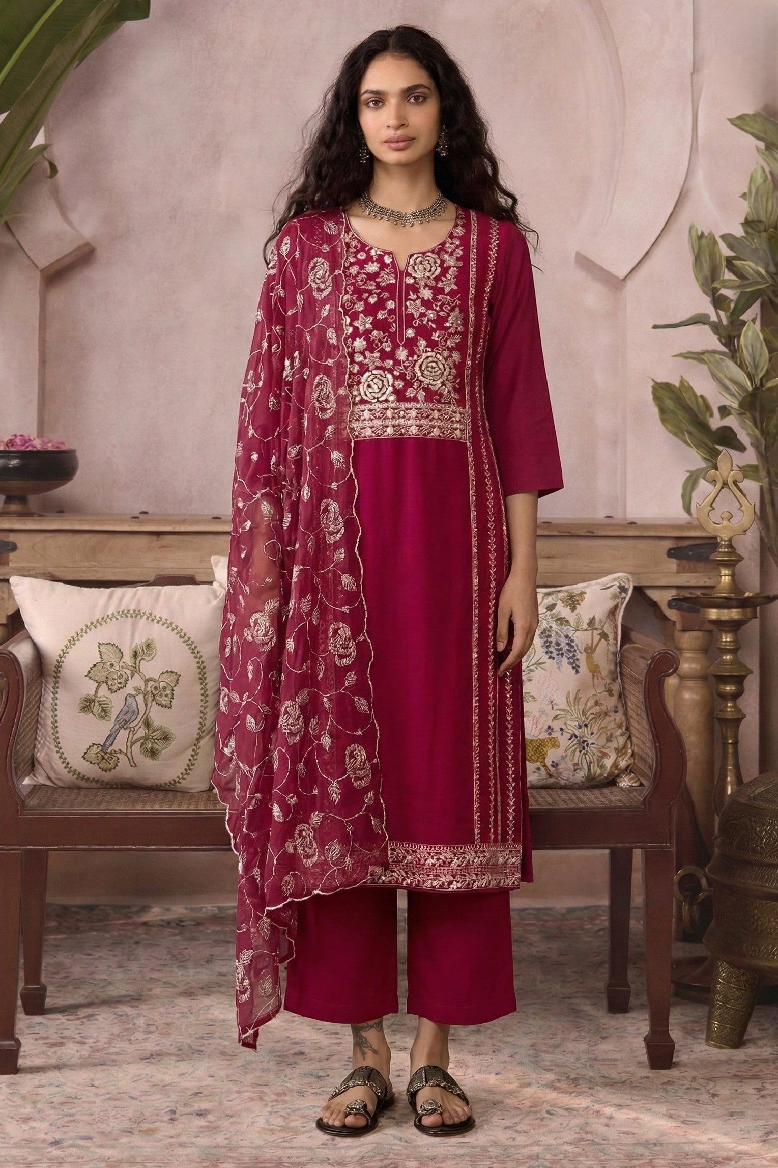 Sangeet Dress for Women - Hot Pink Organza Kameez Pant with Embroidery Work