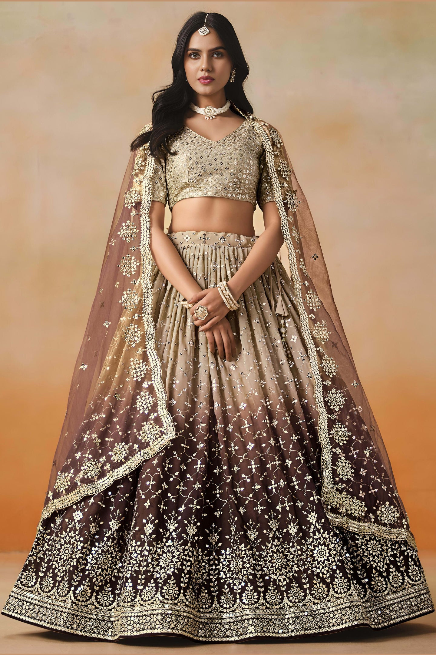 Brown Georgette Lehenga Choli For Indian & Pakistani Wedding Festival - Sequins & Thread Embroidery Work, Zari Work