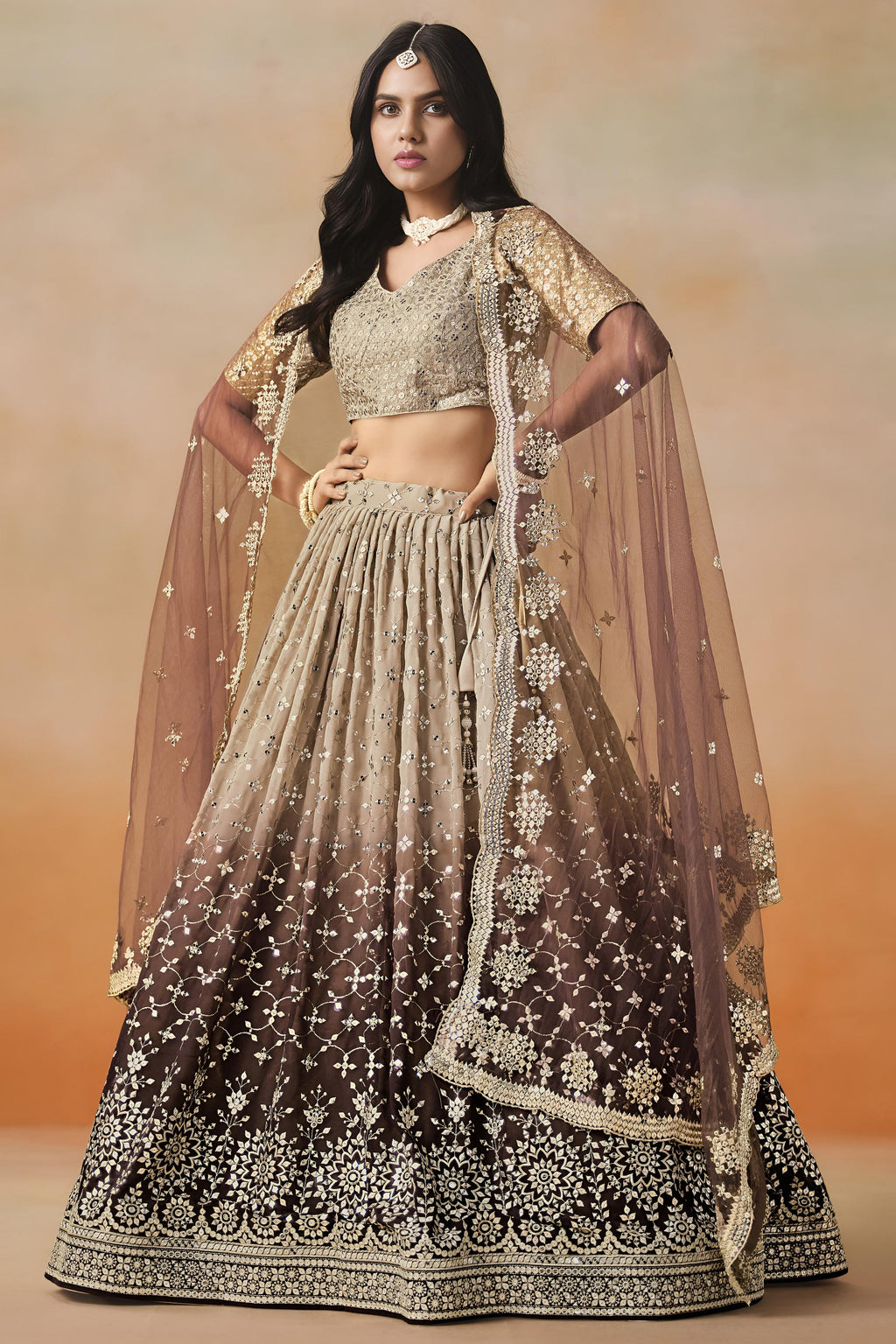 Brown Georgette Lehenga Choli For Indian & Pakistani Wedding Festival - Sequins & Thread Embroidery Work, Zari Work