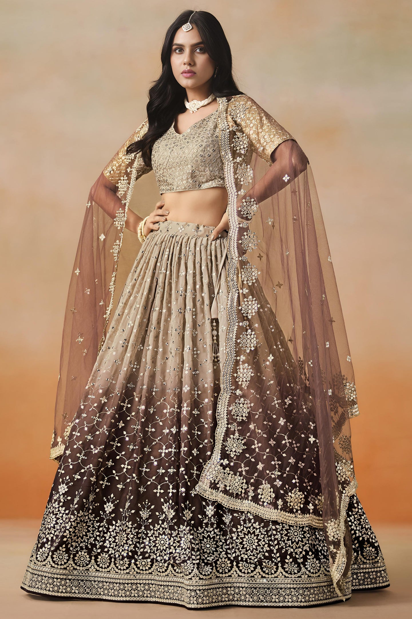 Brown Georgette Lehenga Choli For Indian & Pakistani Wedding Festival - Sequins & Thread Embroidery Work, Zari Work