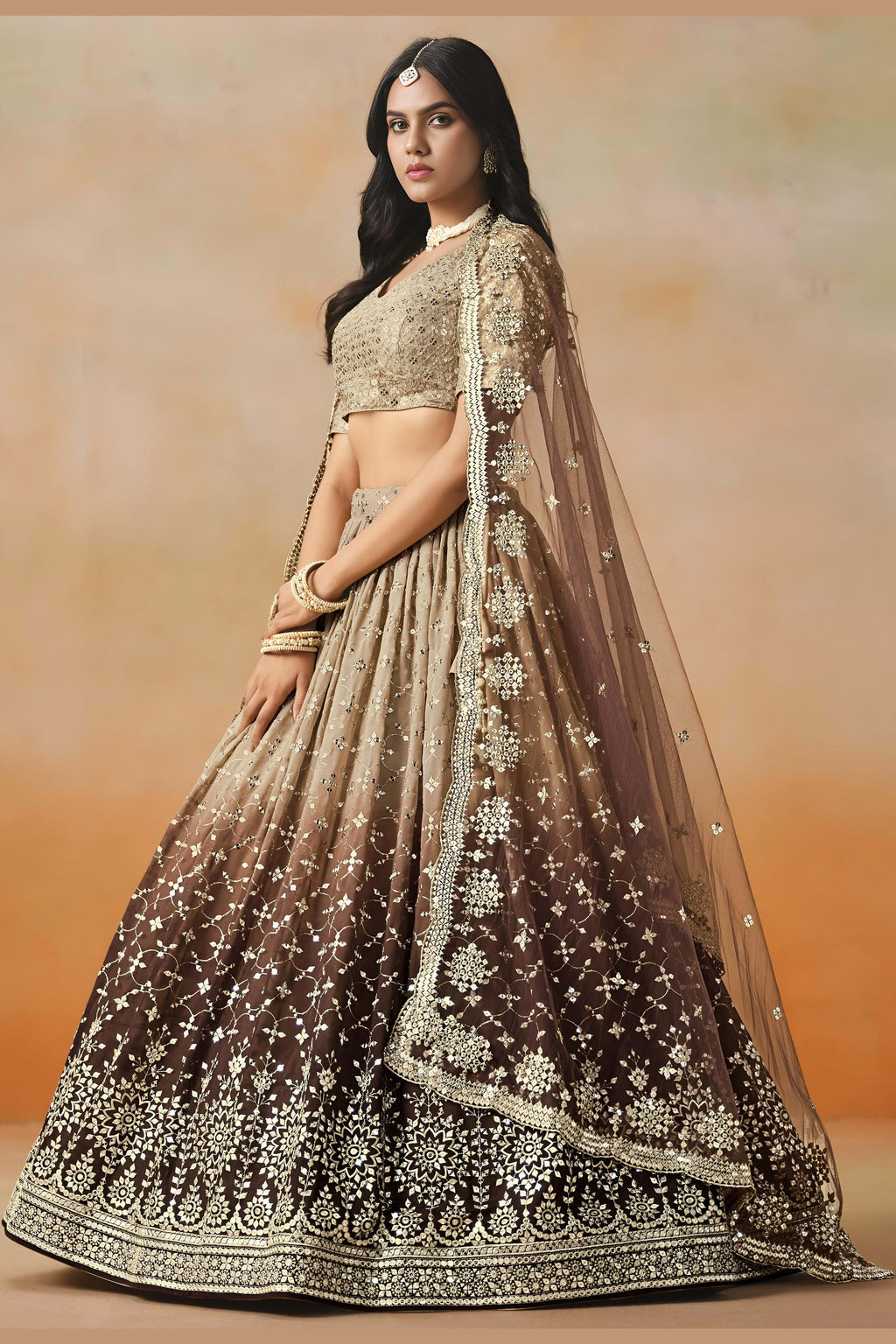 Brown Georgette Lehenga Choli For Indian & Pakistani Wedding Festival - Sequins & Thread Embroidery Work, Zari Work